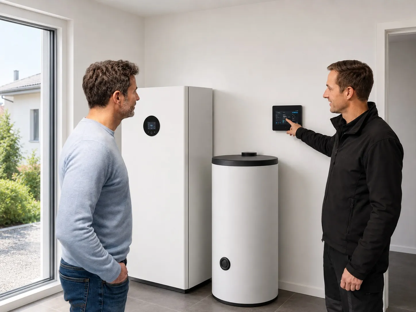 A specialist shows a homeowner the control unit next to the heat pump and domestic hot water storage tank